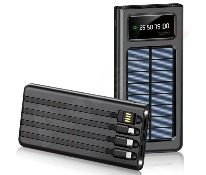 Solar Power Bank 10000mAh with 4 Built-in Cables – Multi-Device Charger