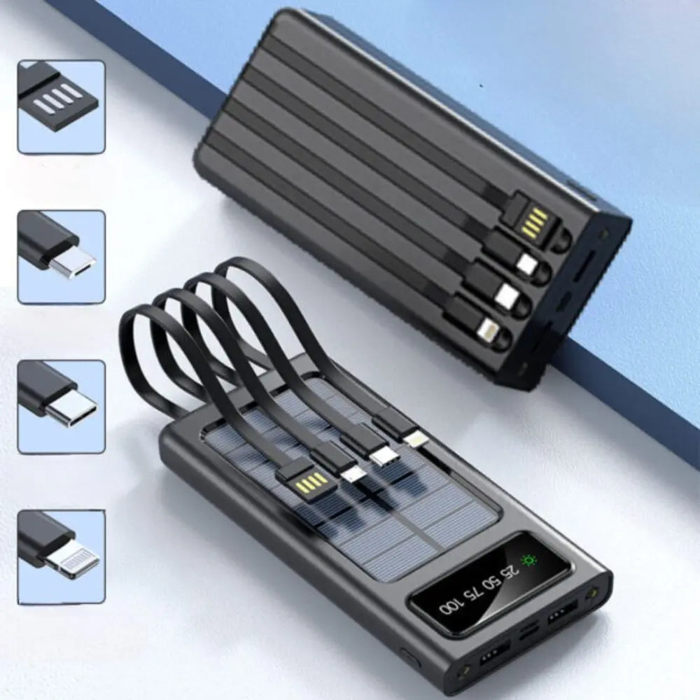 Solar Power Bank 10000mAh with 4 Built-in Cables – Multi-Device Charger