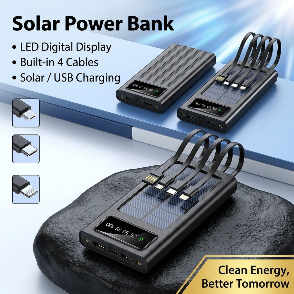 Solar Power Bank 10000mAh with 4 Built-in Cables – Multi-Device Charger