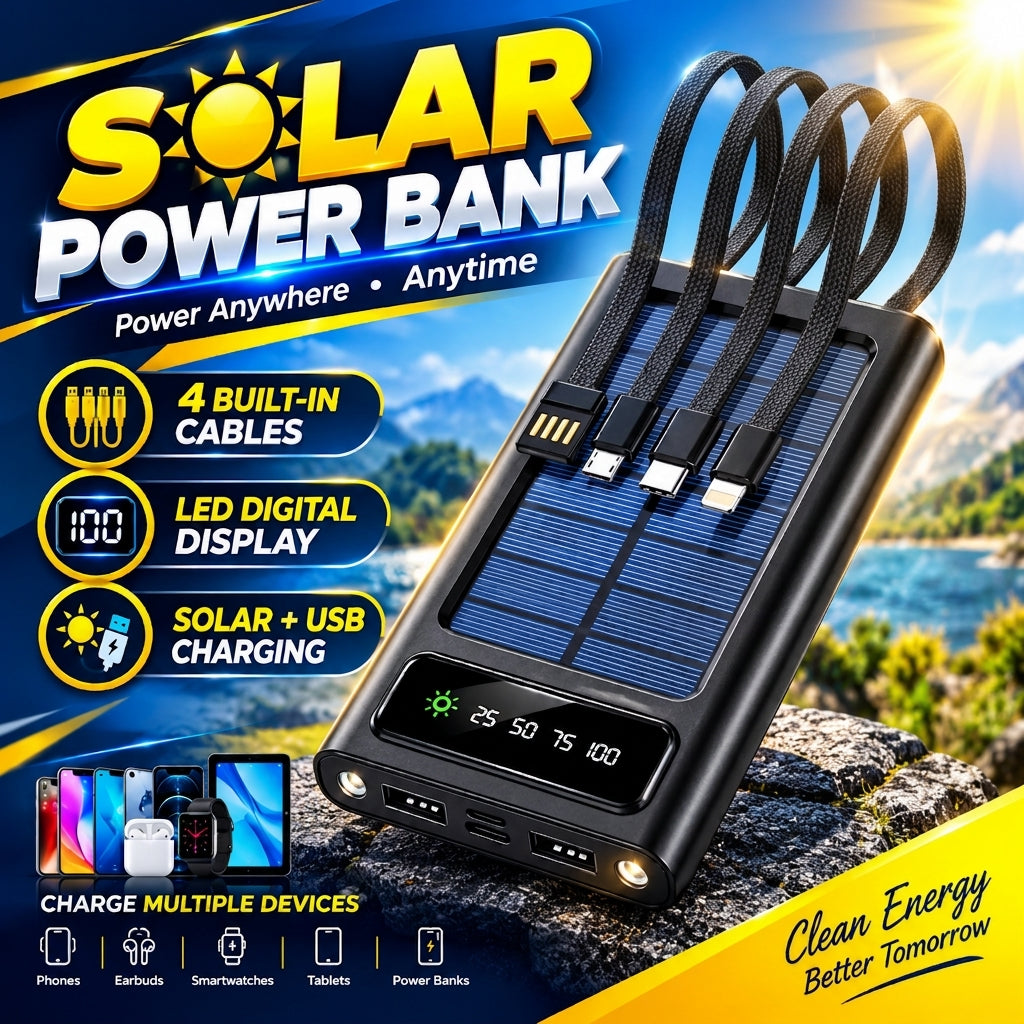Solar Power Bank 10000mAh with 4 Built-in Cables – Multi-Device Charger