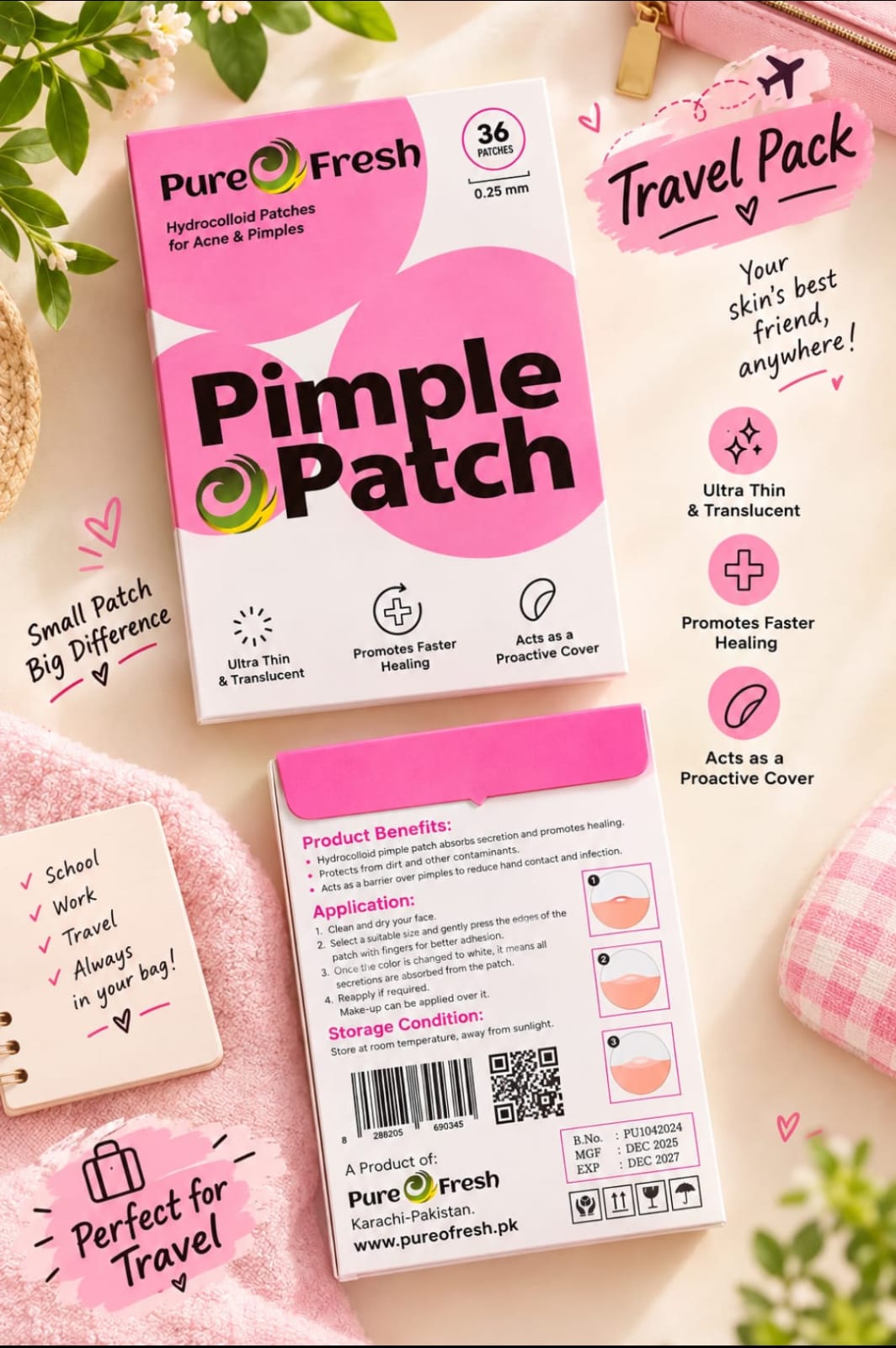 Pure Fresh Pimple Patch – 2 Pack | 72 Hydrocolloid Acne Patches for Clearer-Looking Skin